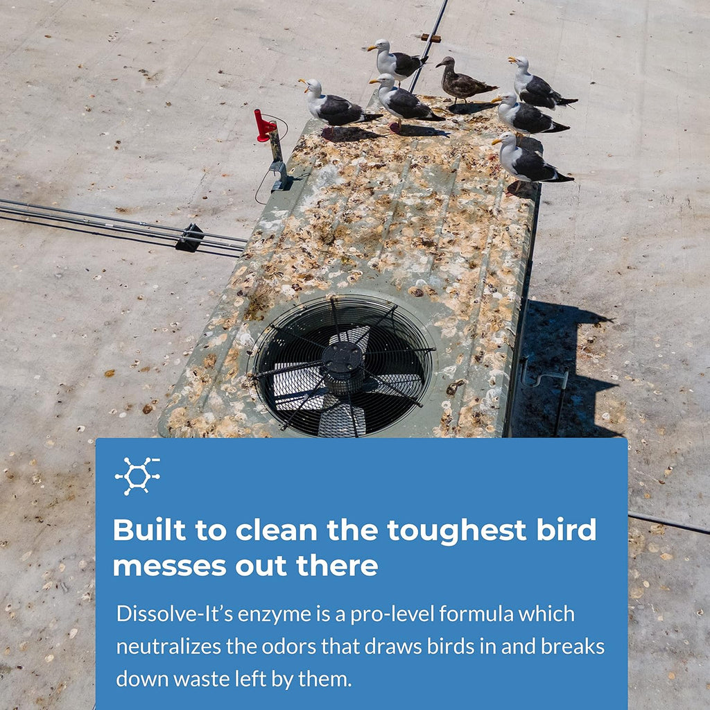 Bird Barrier enzyme cleaner bottle next to measuring container showing concentration