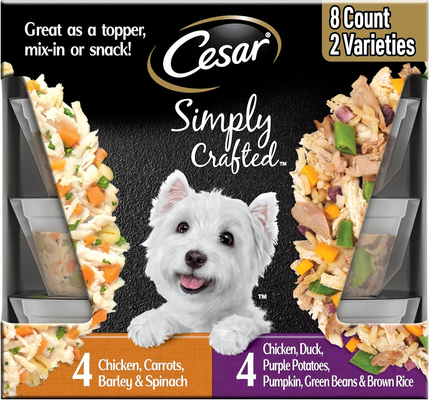 Cesar Simply Crafted Wet Dog Food Toppers for Dry Food, Chicken, Carrots & Green Beans and Beef, Chicken, Purple Potatoes, Peas & Carrots Meal Topper, 1.3 oz. Tub, 16 Count - Image 15