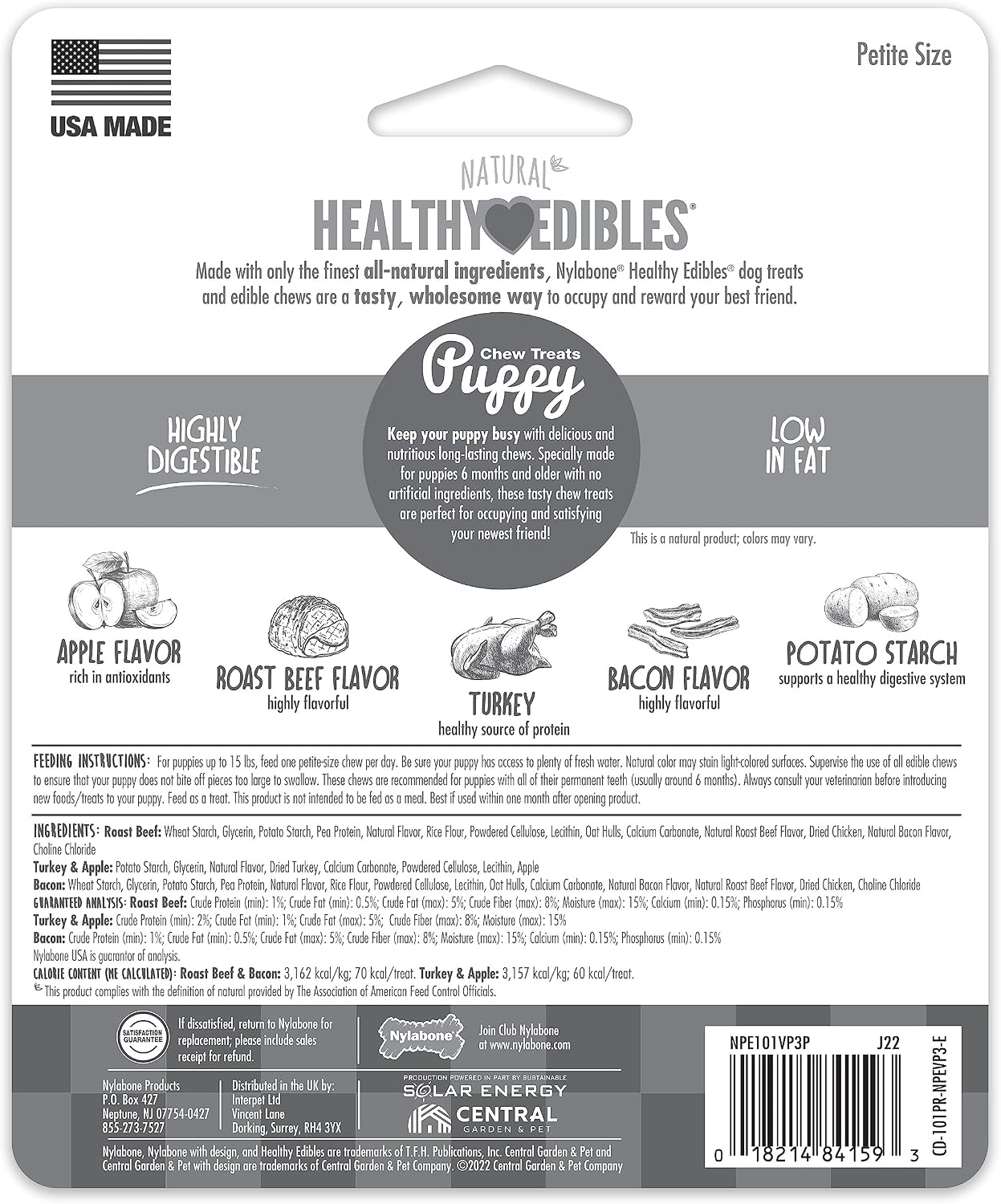 Nylabone Healthy Edibles puppy treats nutritional information label