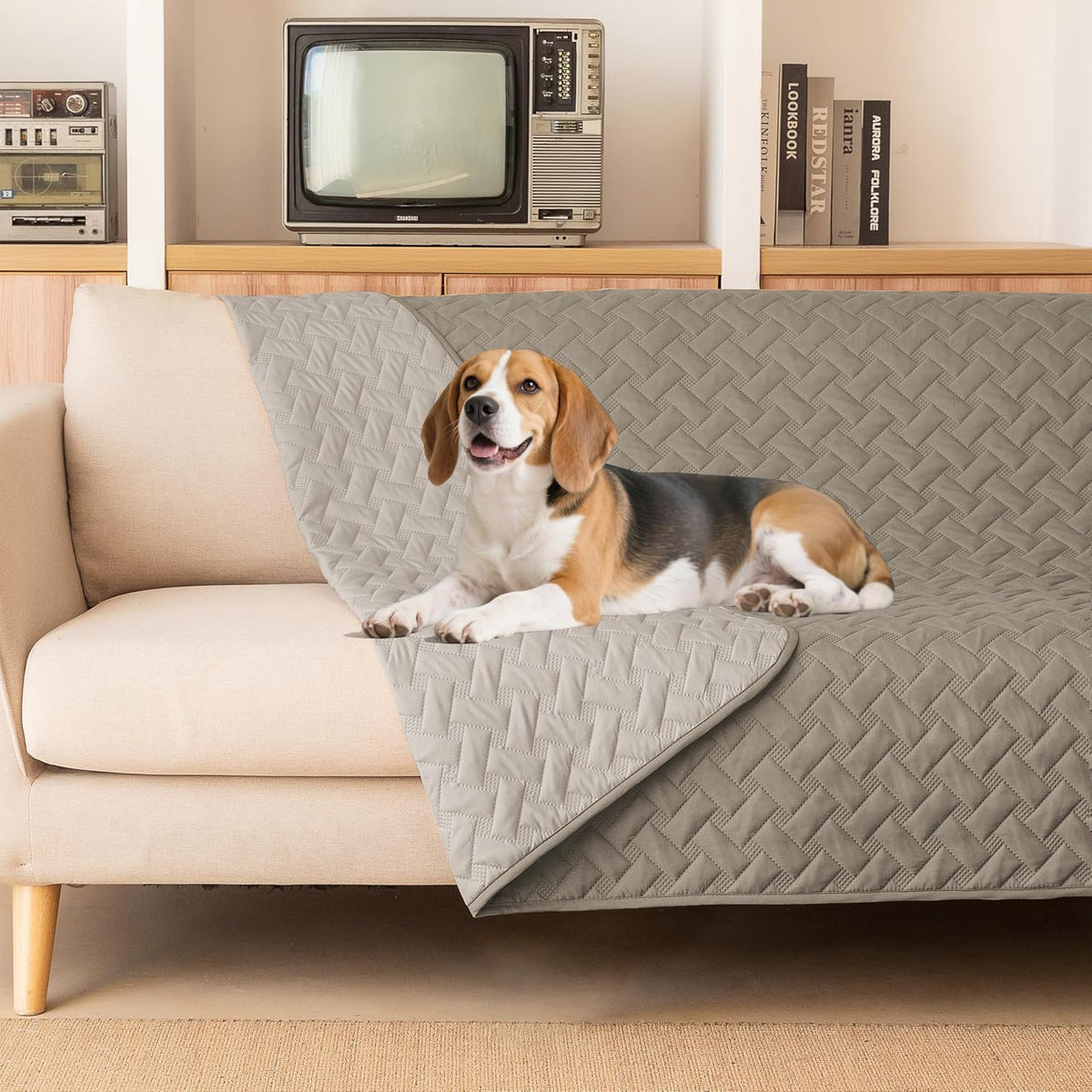 Heavy duty anti scratch dog blanket protecting bedroom sheets.