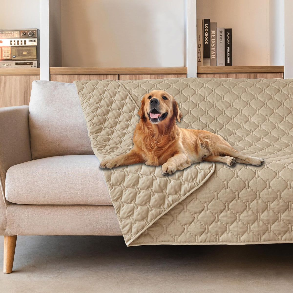 Gogobunny waterproof pet blanket front view on a modern living room sofa