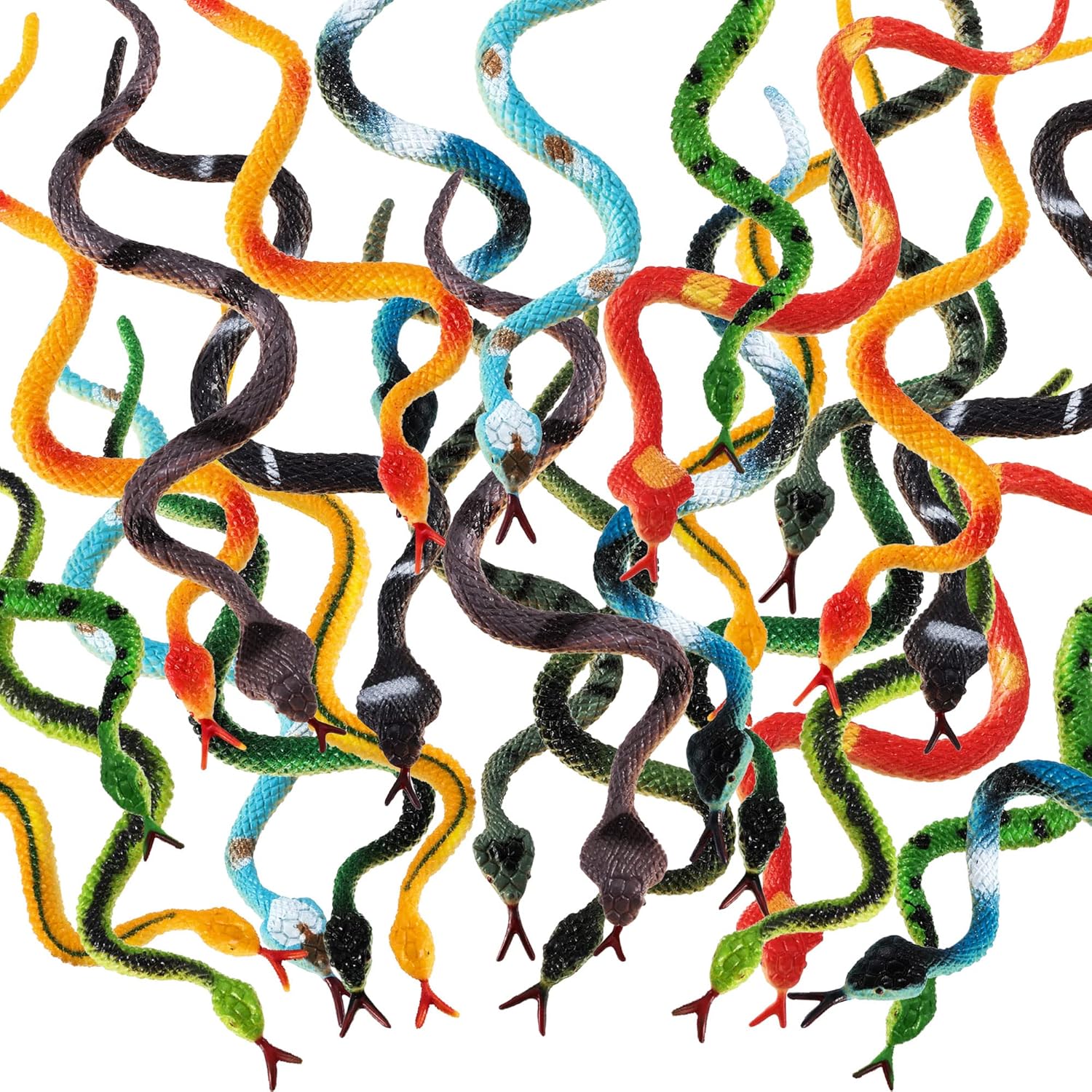 Blulu 24 Pieces Small Plastic Snakes assortment front view showcasing multiple colorful realistic rubber toy patterns.