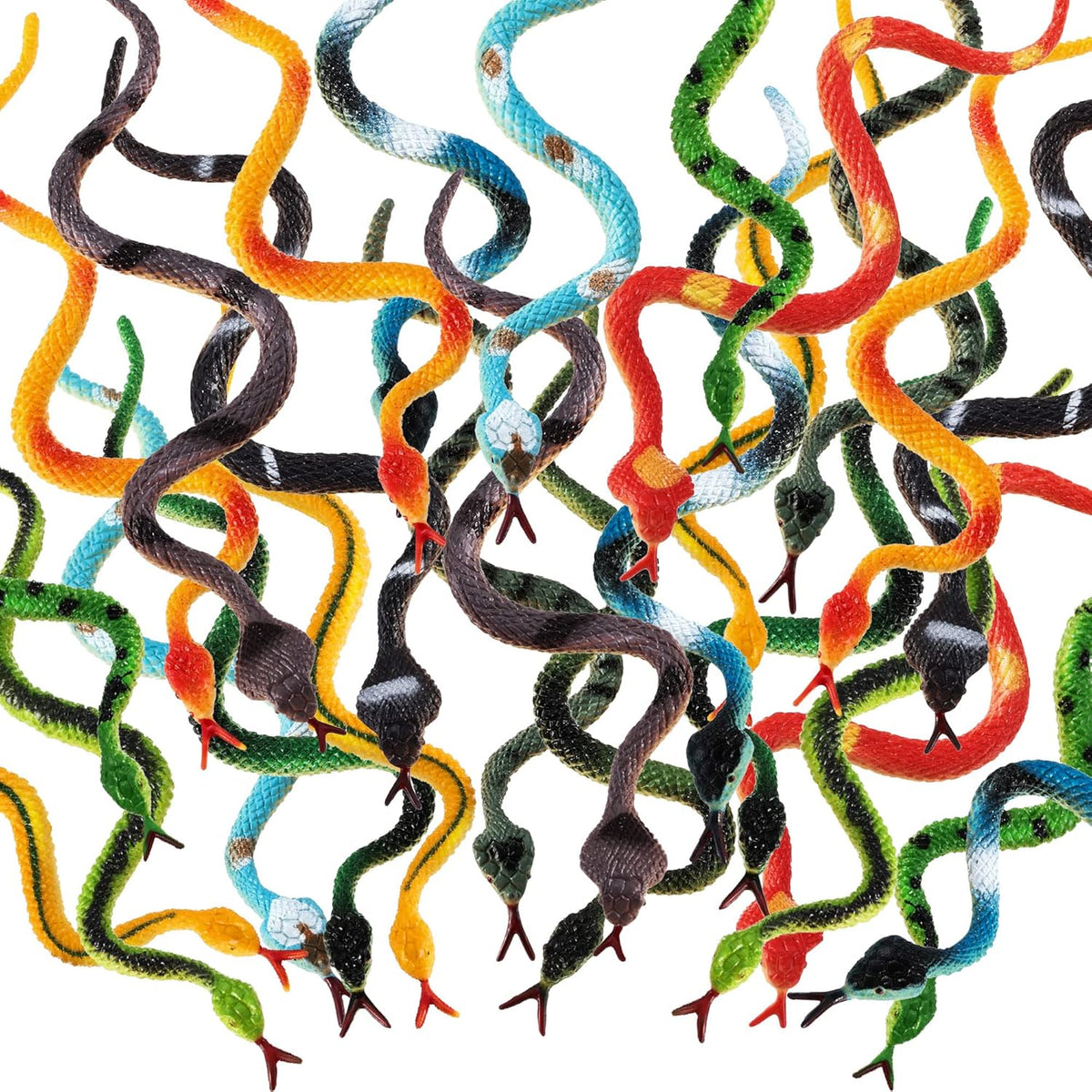 Blulu 24 Pieces Small Plastic Snakes assortment front view showcasing multiple colorful realistic rubber toy patterns.