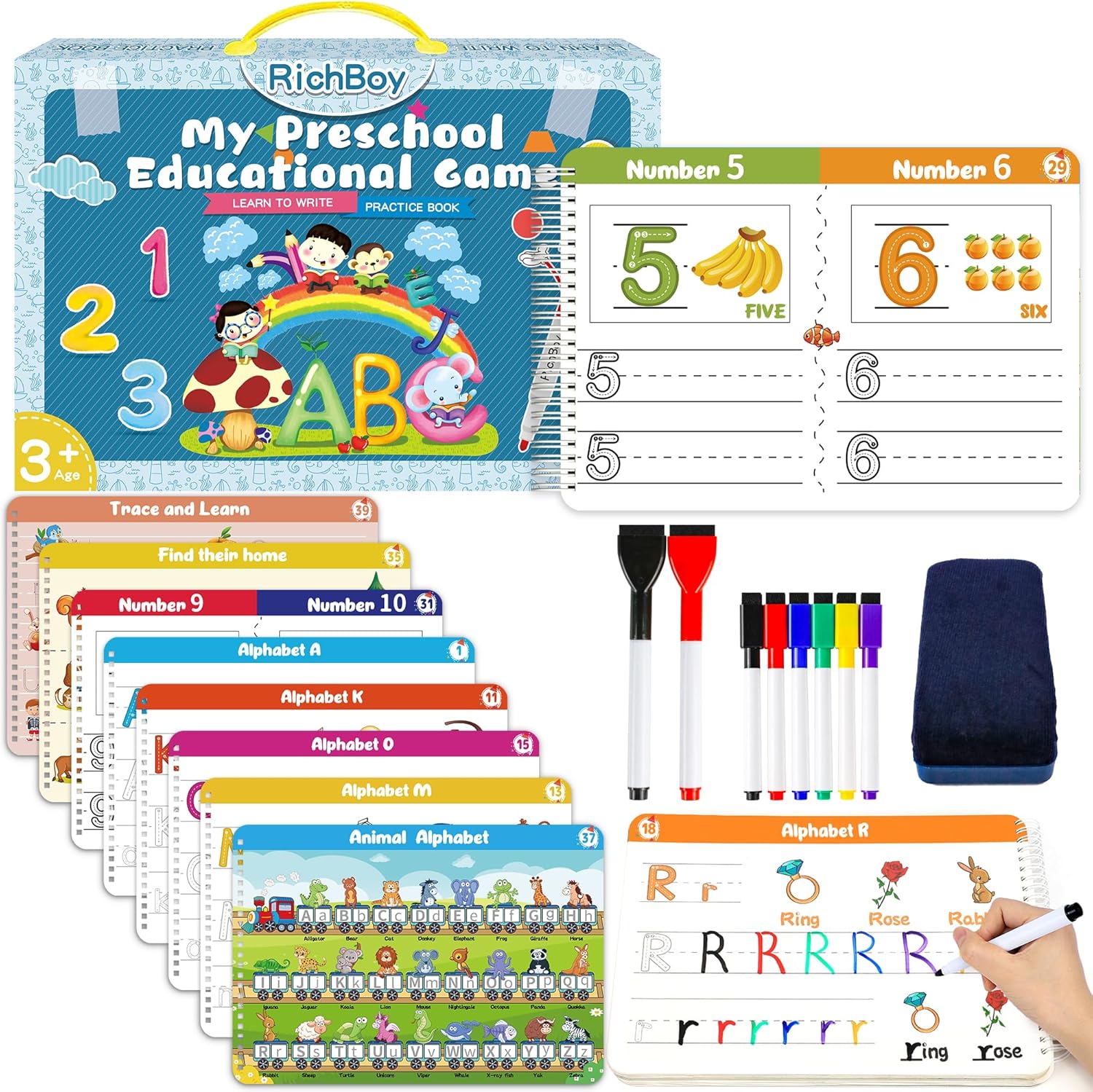 RichBoy Preschool Learning Activities Tracing Books front view showcasing the colourful reusable cover for early childhood handwriting development.