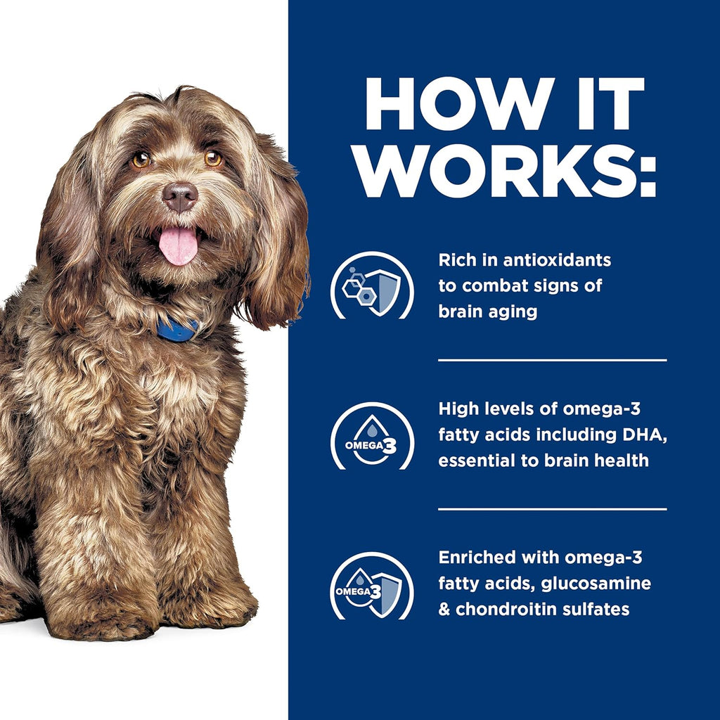 Close up view of the guaranteed analysis and senior dog health indicators on Hill's j/d Brain Care packaging.