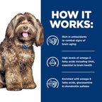 Close up view of the guaranteed analysis and senior dog health indicators on Hill's j/d Brain Care packaging.