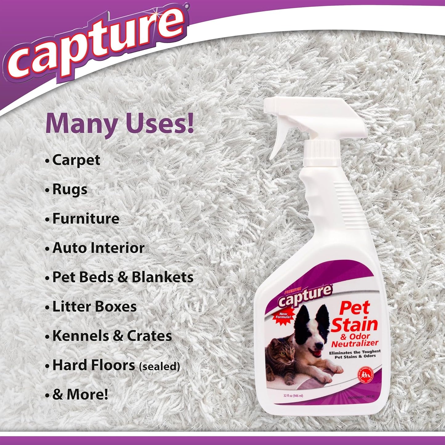 Capture pet stain spray showing enzyme-active formula labeling