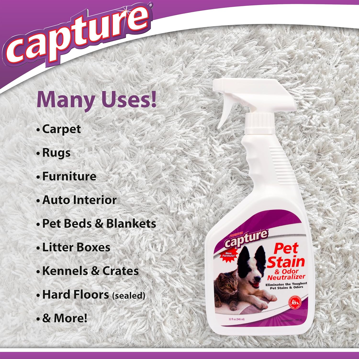 Capture pet stain spray showing enzyme-active formula labeling