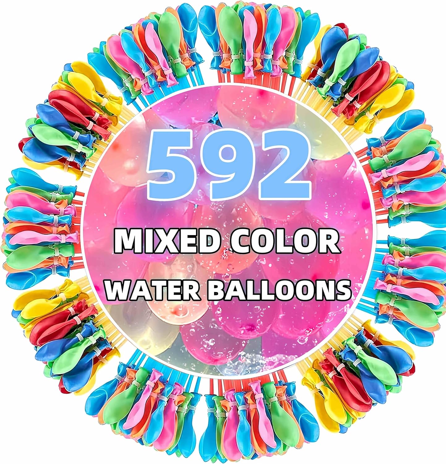 Niyabainen magical quick fill water balloons 592 count front package view showing multicolor bunches attached to a hose adapter.