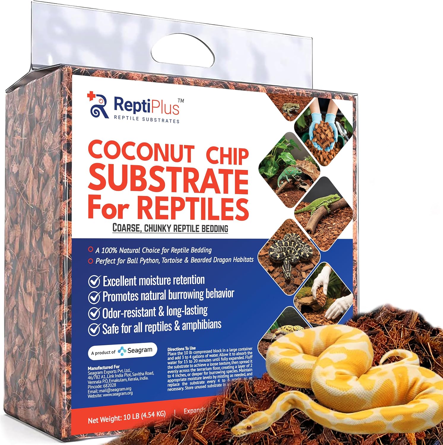ReptiPlus premium coconut chip substrate ten pound compressed block front view