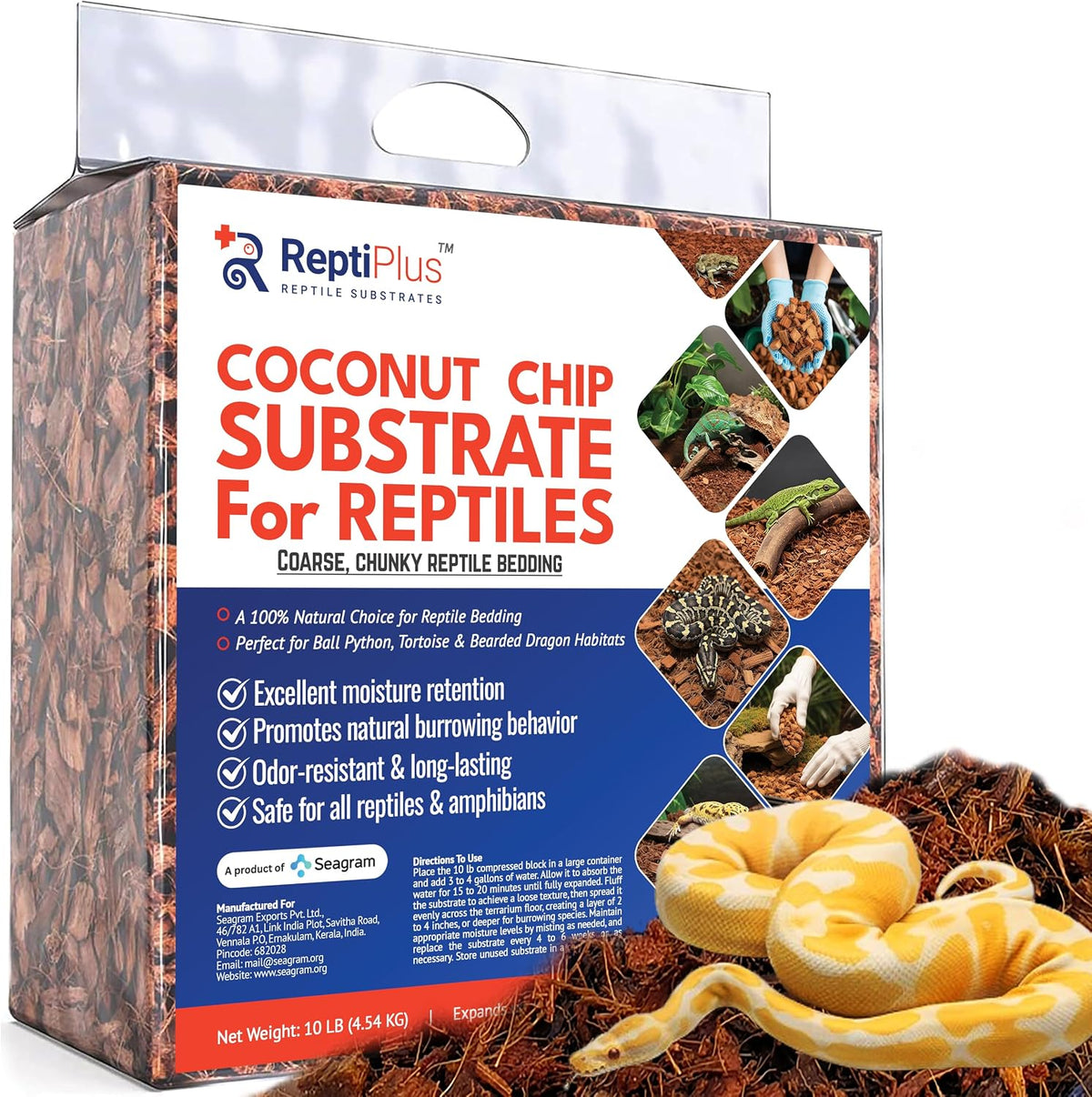 ReptiPlus premium coconut chip substrate ten pound compressed block front view