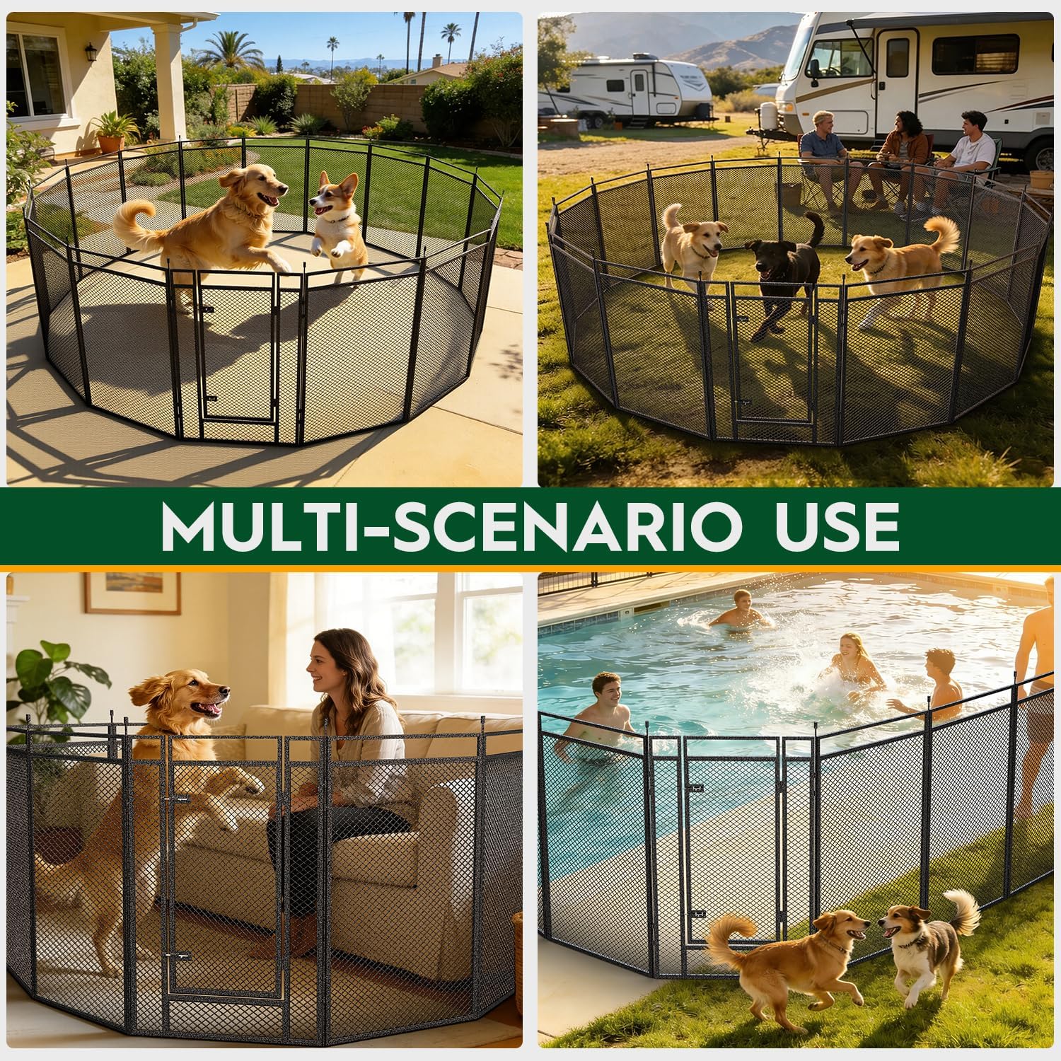 Rust proof iron dog playpen panels connected with heavy duty drop pins.