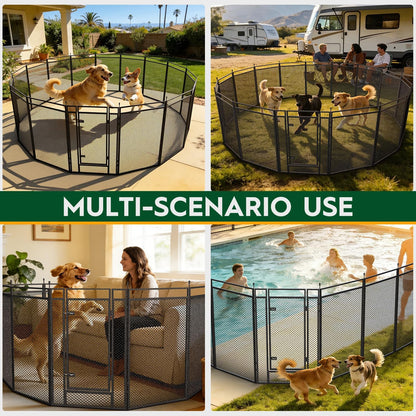 Rust proof iron dog playpen panels connected with heavy duty drop pins.