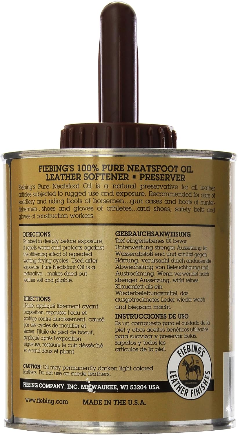 Fiebing's leather conditioner container showing product label and application features