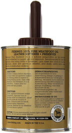 Fiebing's leather conditioner container showing product label and application features