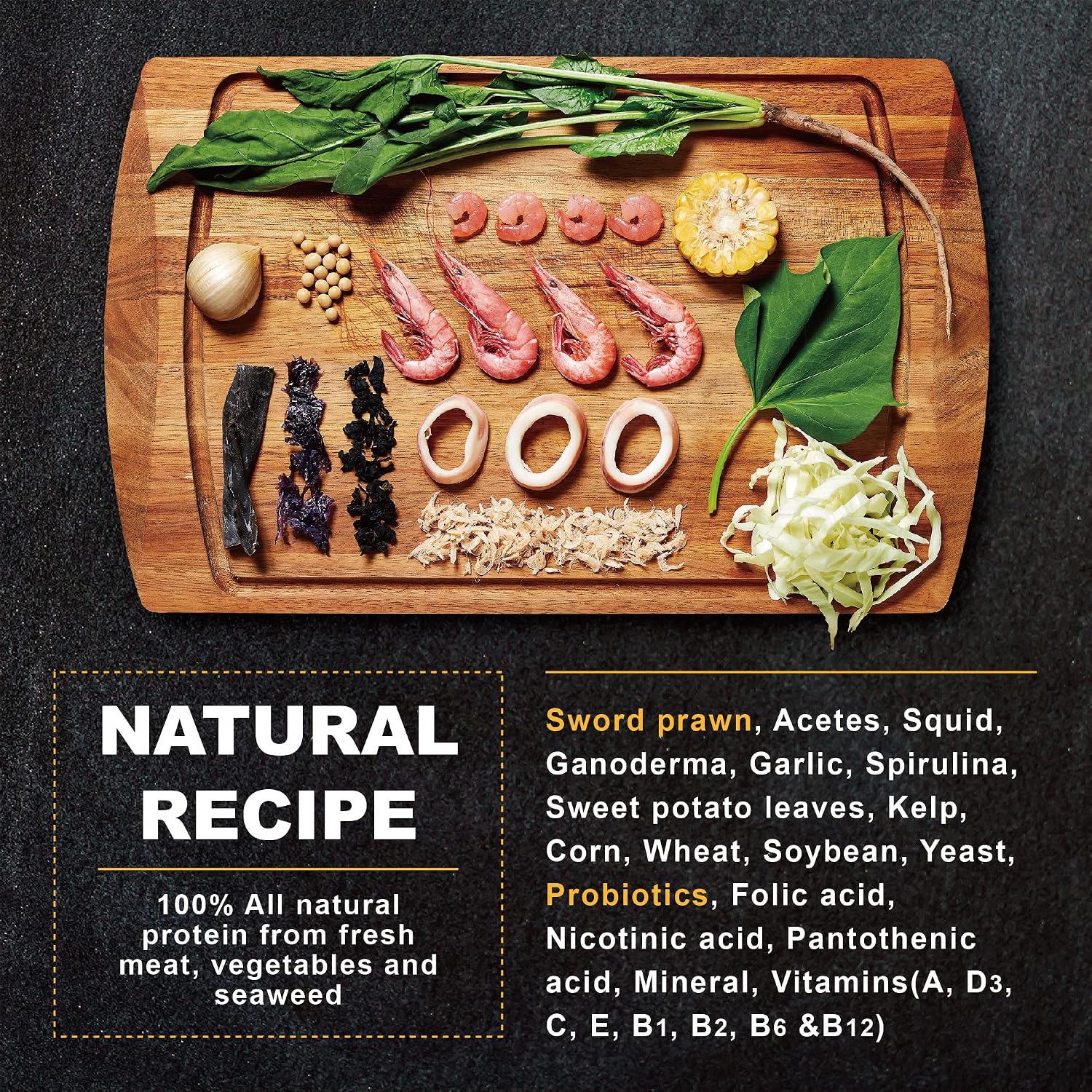 Premium 100 percent natural ingredients panel on Ultra Fresh fish food container.