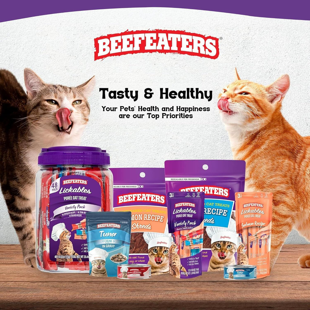 Beefeaters Lickable Cat Treats 48 Count - Puree Squeeze Up Tubes Variety Pack (Salmon, Tuna & Chicken) | Grain Free, Taurine Enriched, High Moisture for Picky Eaters | Cat Treat Topper or Snack - Image 9