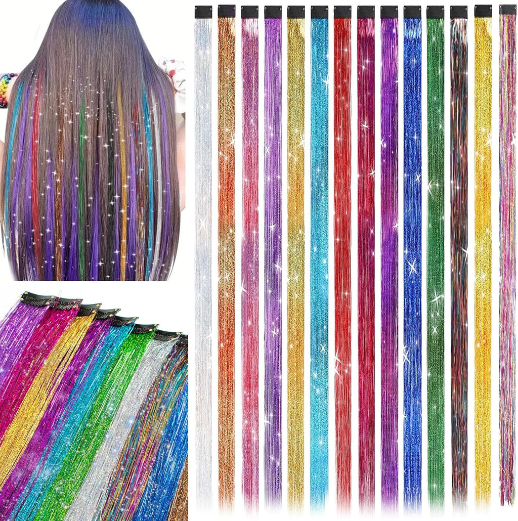 Good Seller Co. Clip In Tinsel Hair Extensions front view of 14 colorful glitter strands with pre-attached snap clips.