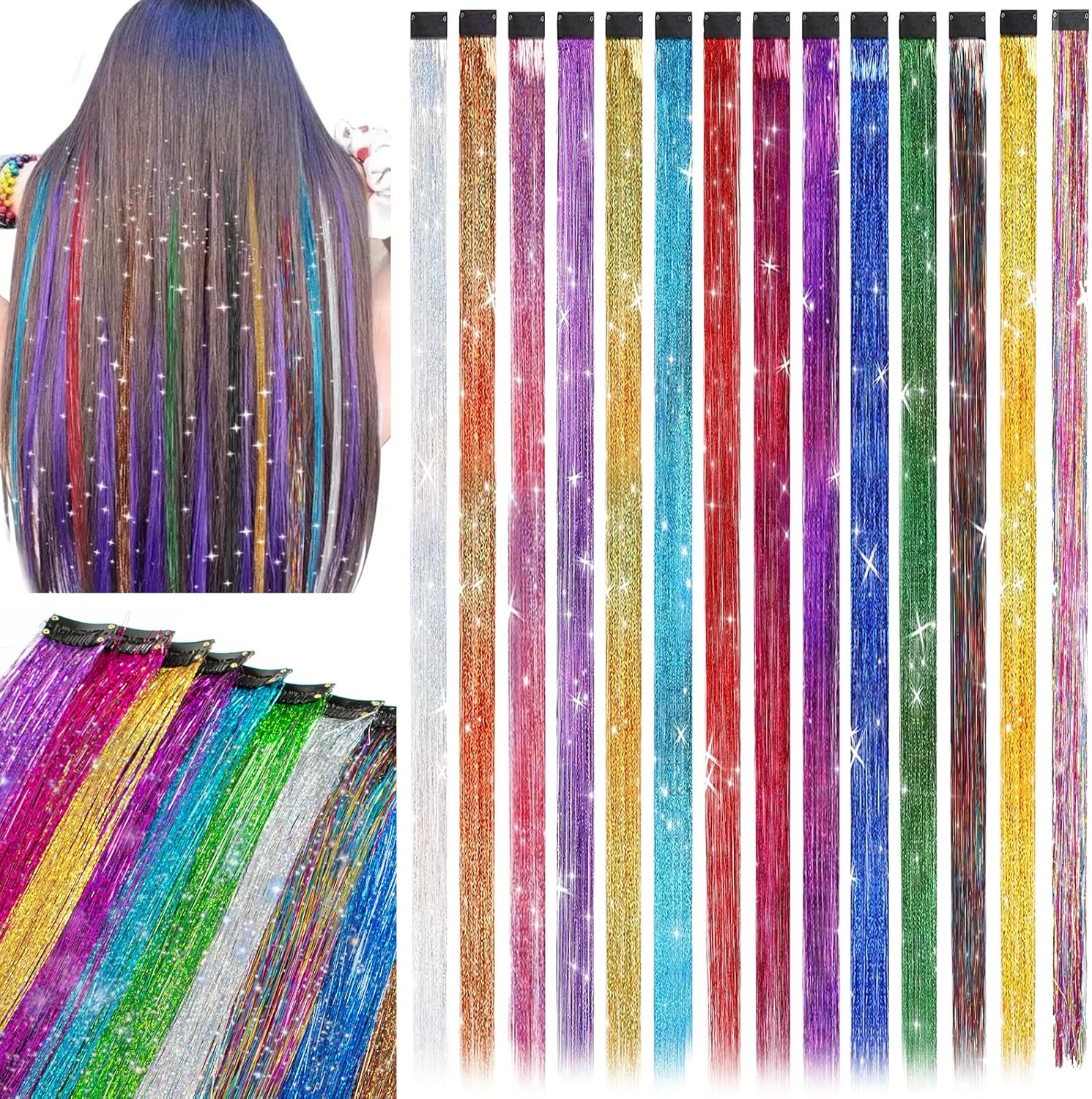 Good Seller Co. Clip In Tinsel Hair Extensions front view of 14 colorful glitter strands with pre-attached snap clips.