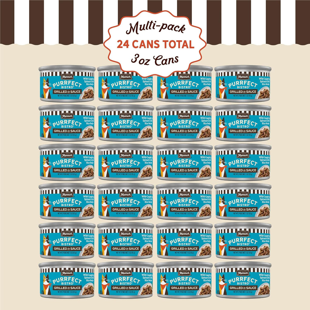 Back of Merrick Purrfect Bistro cat food can showing nutritional information