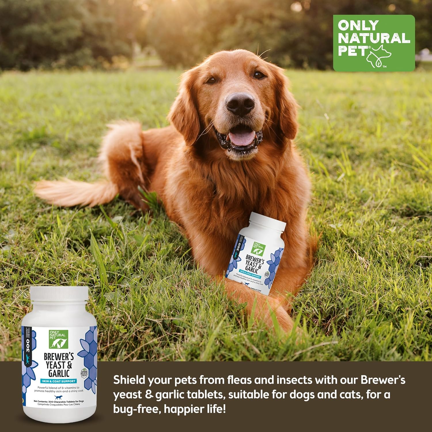 Only Natural Pet 300 count tablet bottle showing dosage guidelines