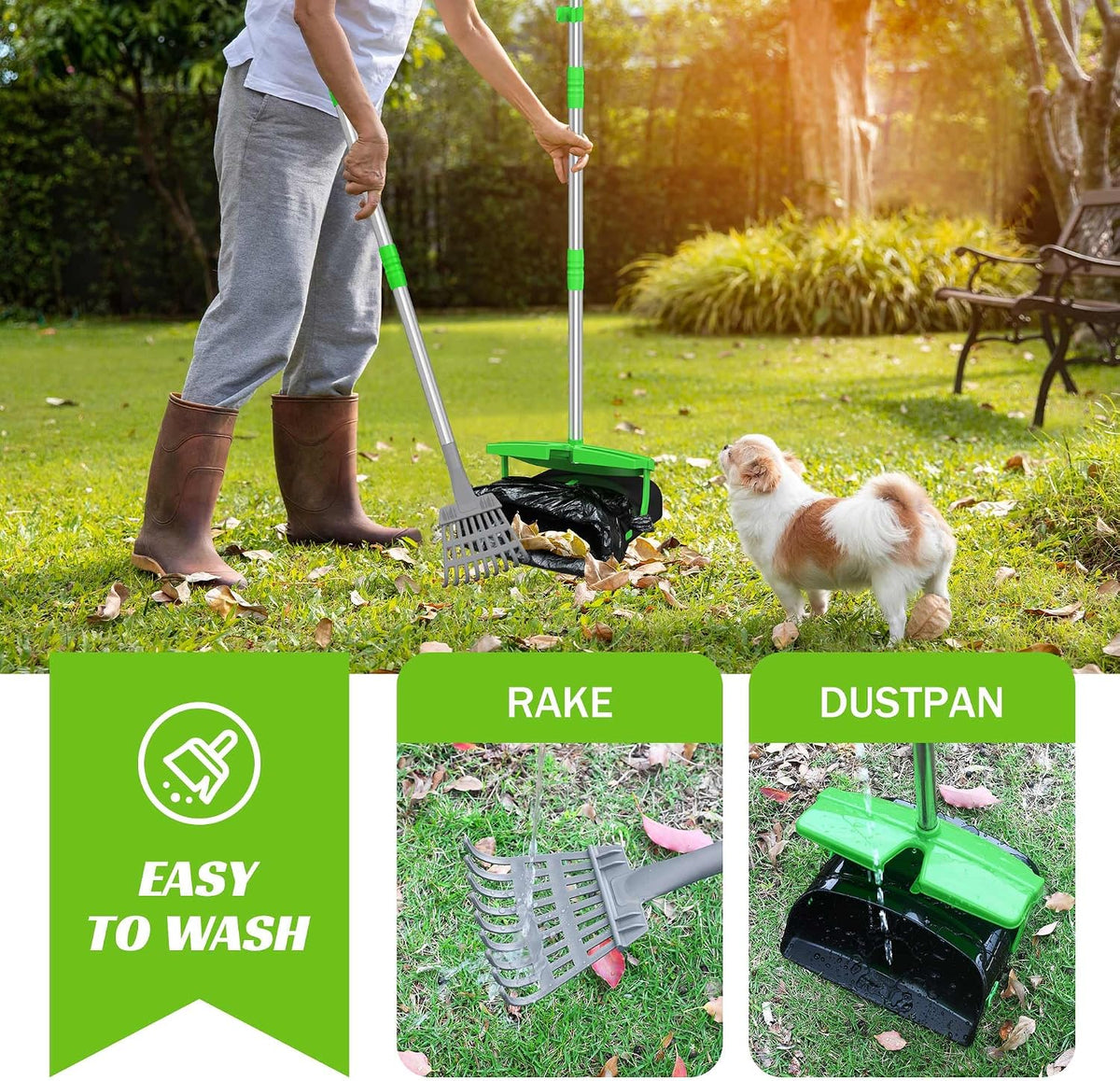 Swivel bin and rake kit close up view showcasing ergonomic grip handle.