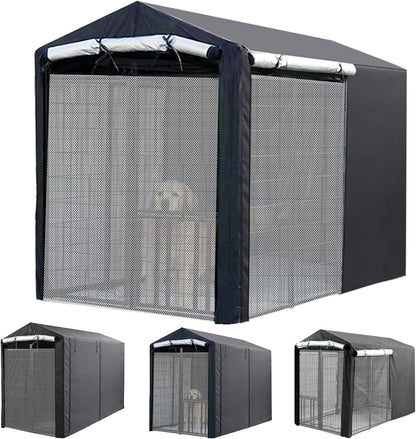 RUIHONG outdoor dog kennel cover front view with full coverage mosquito net installed over a metal frame.