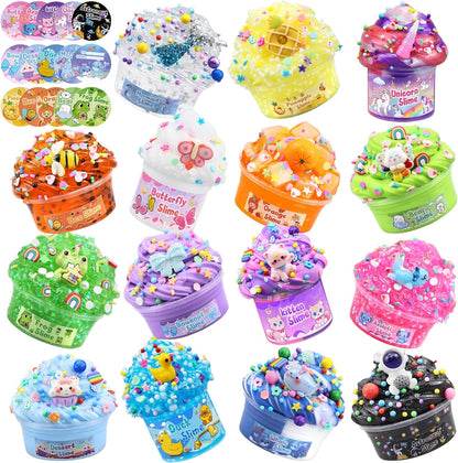 LAWOHO 15 Pack Slime Kit for Kids front view showing colorful variety of themed jars