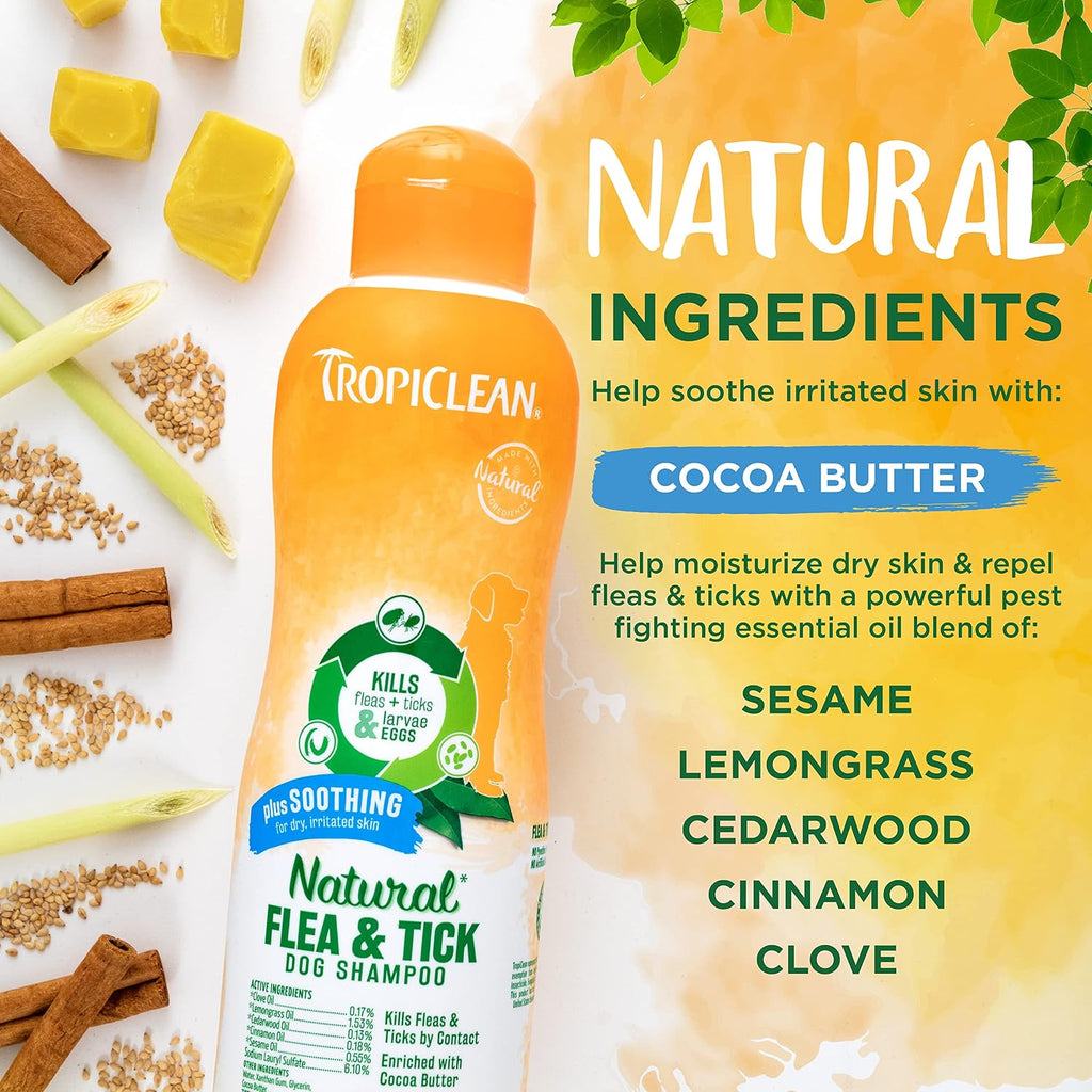 TropiClean natural essential oil blend dog shampoo for pest prevention packaging look