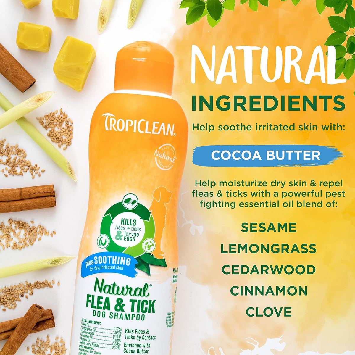 TropiClean natural essential oil blend dog shampoo for pest prevention packaging look