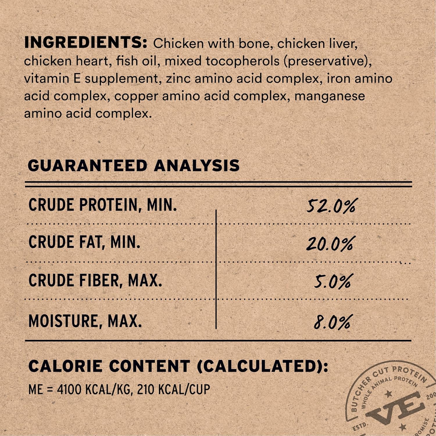 Vital Essentials grain free chicken cat food ingredients and nutritional panel