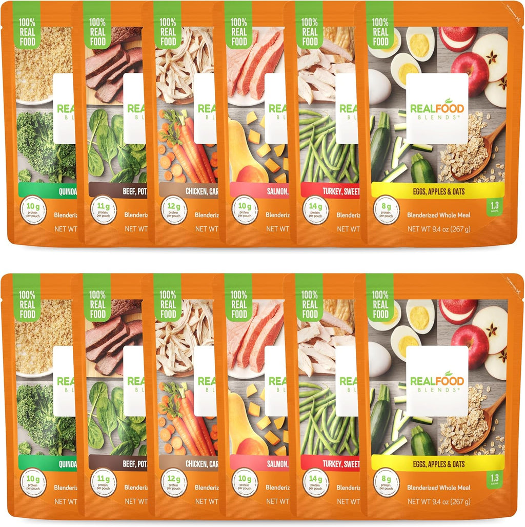 Real Food Blends Variety Pack front view showing 12 pureed meal pouches