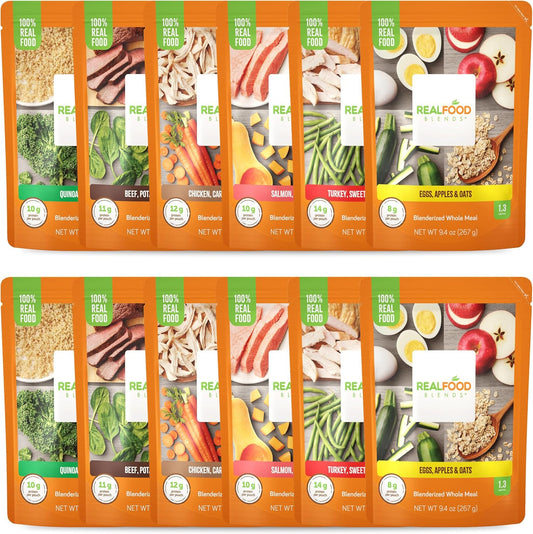 Real Food Blends Variety Pack front view showing 12 pureed meal pouches