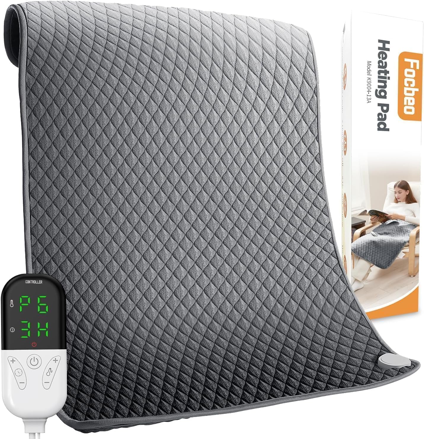 Focbeo king size heating pad front view showing extra large gray fabric for back pain relief
