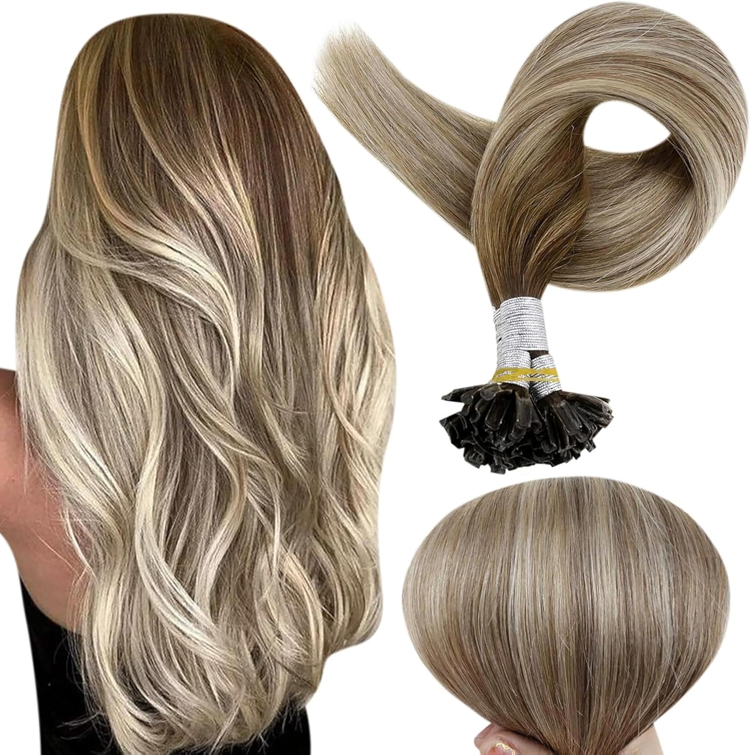 Full Shine U tip hair extensions front view showcasing balayage color gradient.