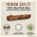 Cadet 3 in 1 pork hide chicken and sweet potato dog chews close up details