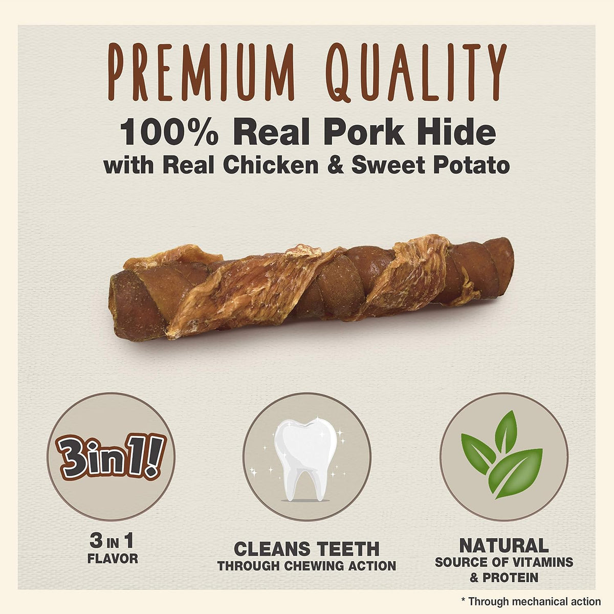 Cadet 3 in 1 pork hide chicken and sweet potato dog chews close up details