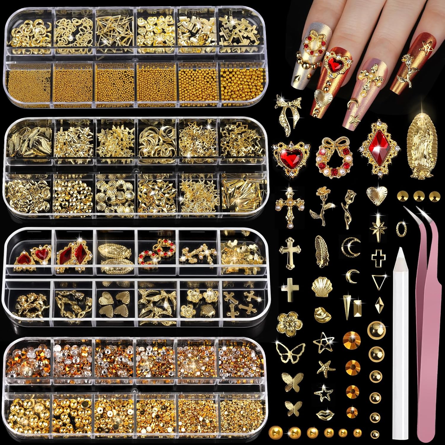 Nymora Teenitor Gold Nail Charms and Gems Set front view with four storage boxes