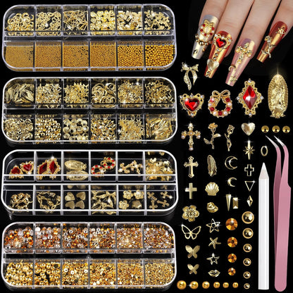 Nymora Teenitor Gold Nail Charms and Gems Set front view with four storage boxes