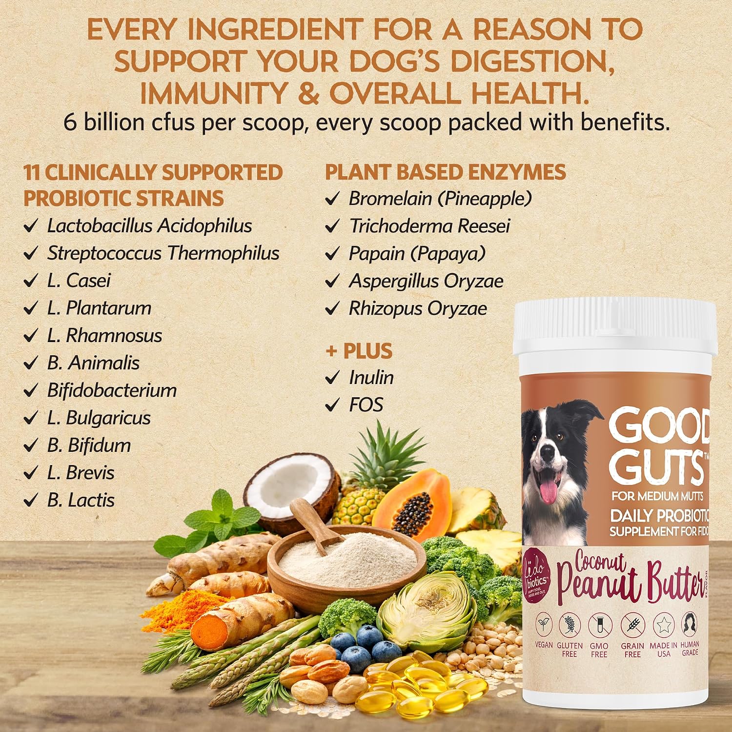 Fidobiotics dog prebiotic and digestive enzyme blend for nutrient absorption.