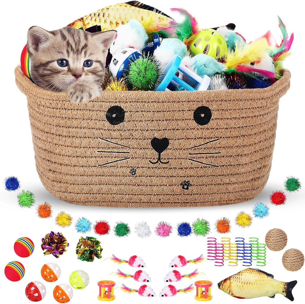 Zopeal 58 Pcs Summer Cat Storage Basket Gift Toys Set, Colorful Flashing Balls Pet Bell Crinkle Balls Spring Toys Attract Cat to Swat, Hunt, Interactive for Pet(Grey,9.8 Inch) - Image 13