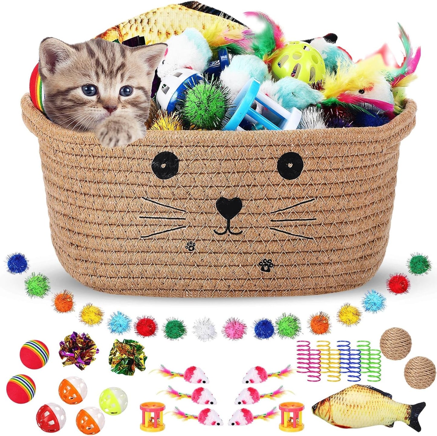 Zopeal 58 Pcs Summer Cat Storage Basket Gift Toys Set, Colorful Flashing Balls Pet Bell Crinkle Balls Spring Toys Attract Cat to Swat, Hunt, Interactive for Pet(Grey,9.8 Inch) - Image 13