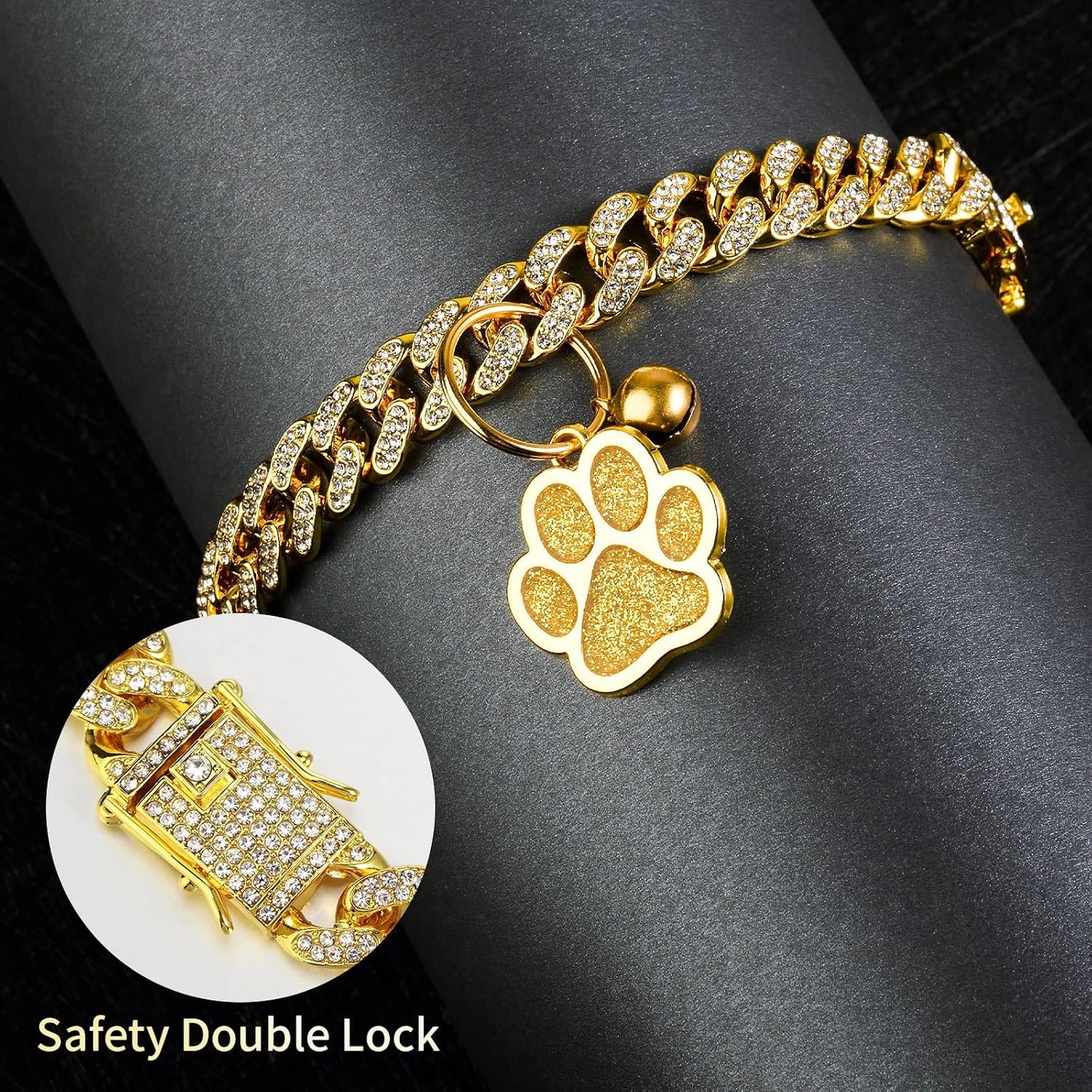 Hillban luxury cat chain collar displayed flat highlighting the intricate zirconia diamond detailing.