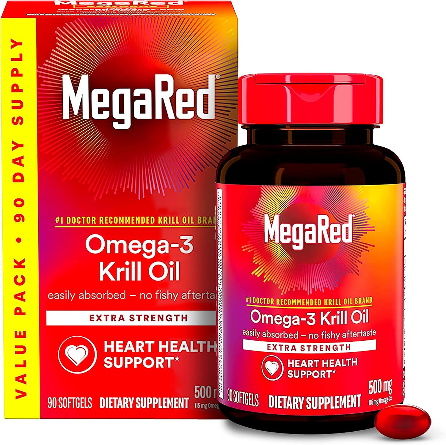 MegaRed Antarctic Krill Oil 500 Milligram 90 Softgels front packaging for imported heart health supplements.