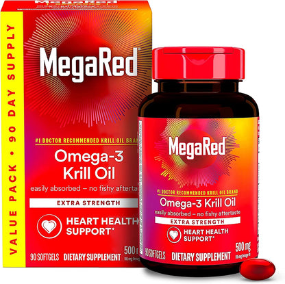 MegaRed Antarctic Krill Oil 500 Milligram 90 Softgels front packaging for imported heart health supplements.