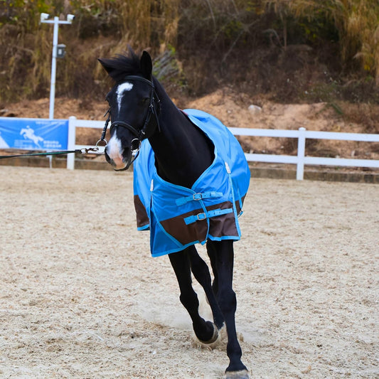 Barn And Stable 420D blue and brown lightweight horse blanket side profile view