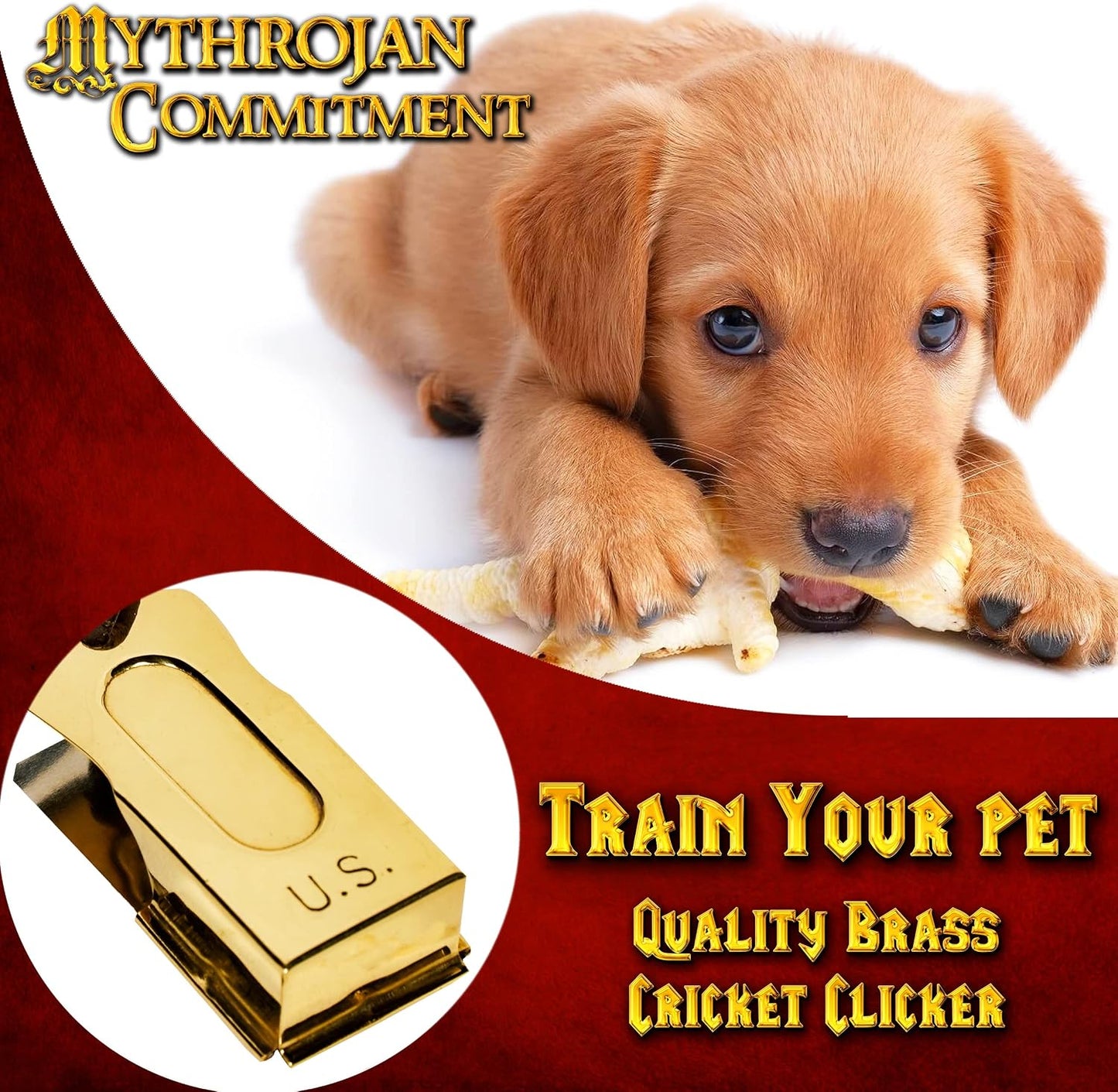 Mythrojan durable metal clicker for canine outdoor recall and obedience conditioning.