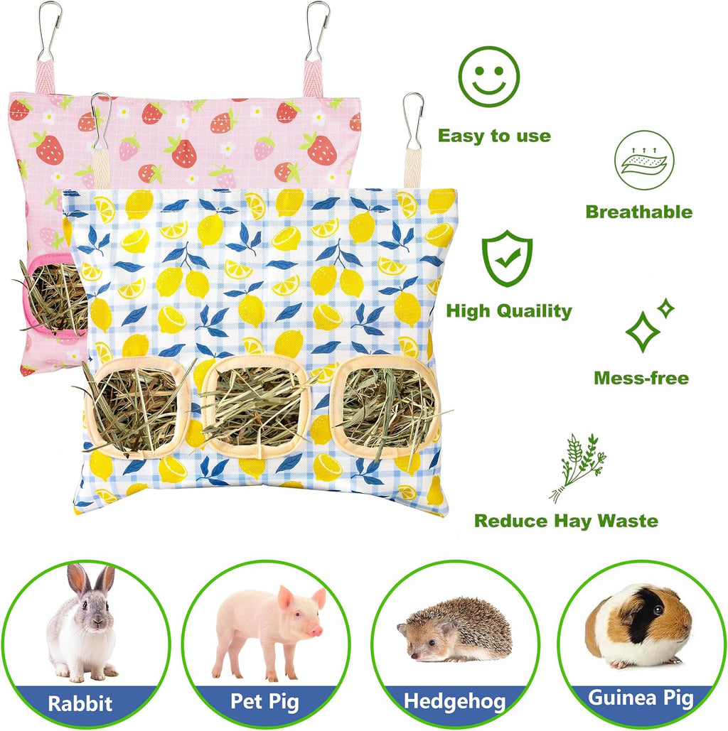 Lesnala 2pcs Bunny hay feeder Rabbit hay feeder bag Hanging guinea pig hay bag Large capacity cotton canvas fabric hay bag for Rabbits Bunny Chinchillas Hamsters and Other Small Pets(3 Holes,2 styles) - Image 6
