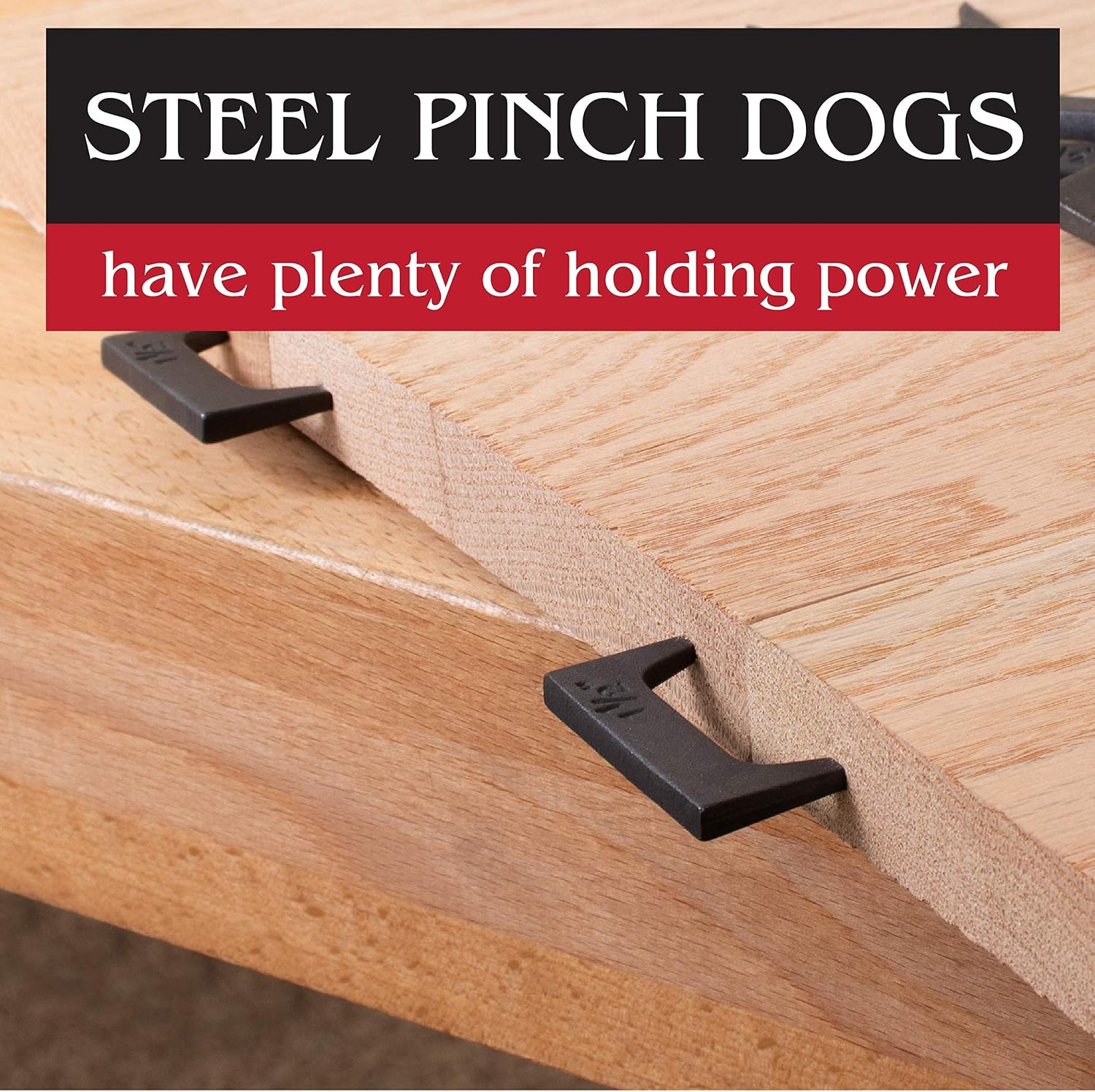 Textured solid steel woodworking fasteners for non slip holding power during glue ups.