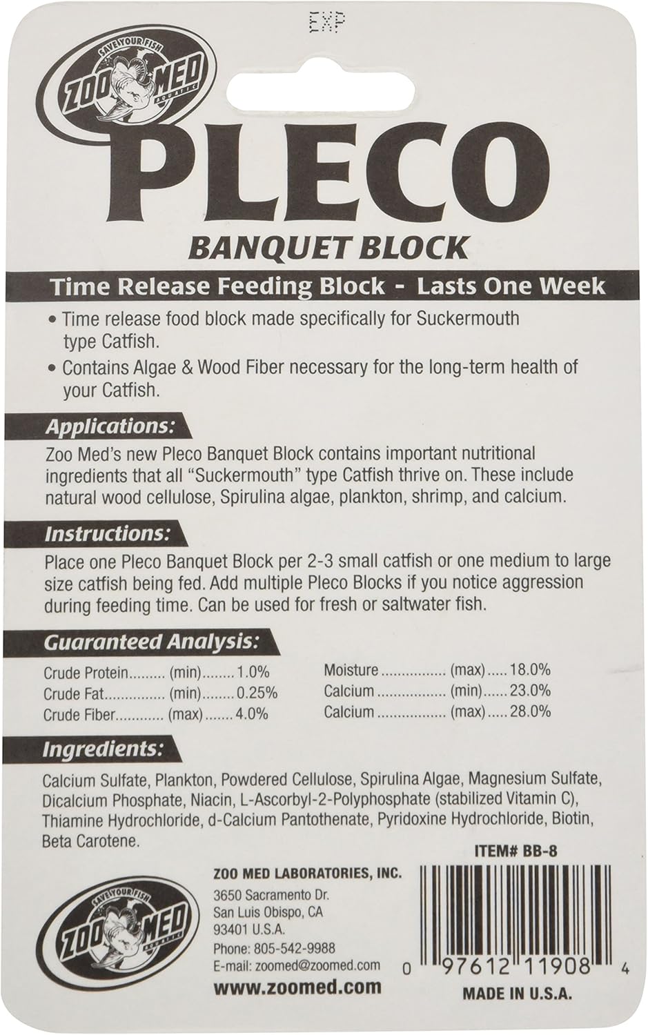 Zoo Med time release feeding block ingredients panel